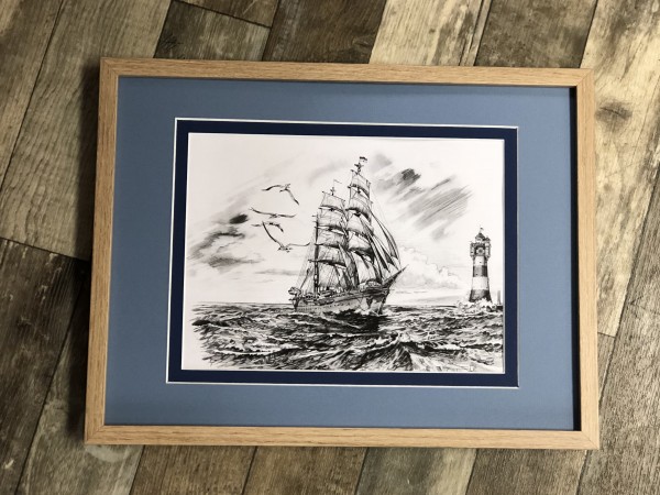 Bleistiftzeichnung GORCH FOCK vor ROTER SAND, gerahmt, 30x40cm